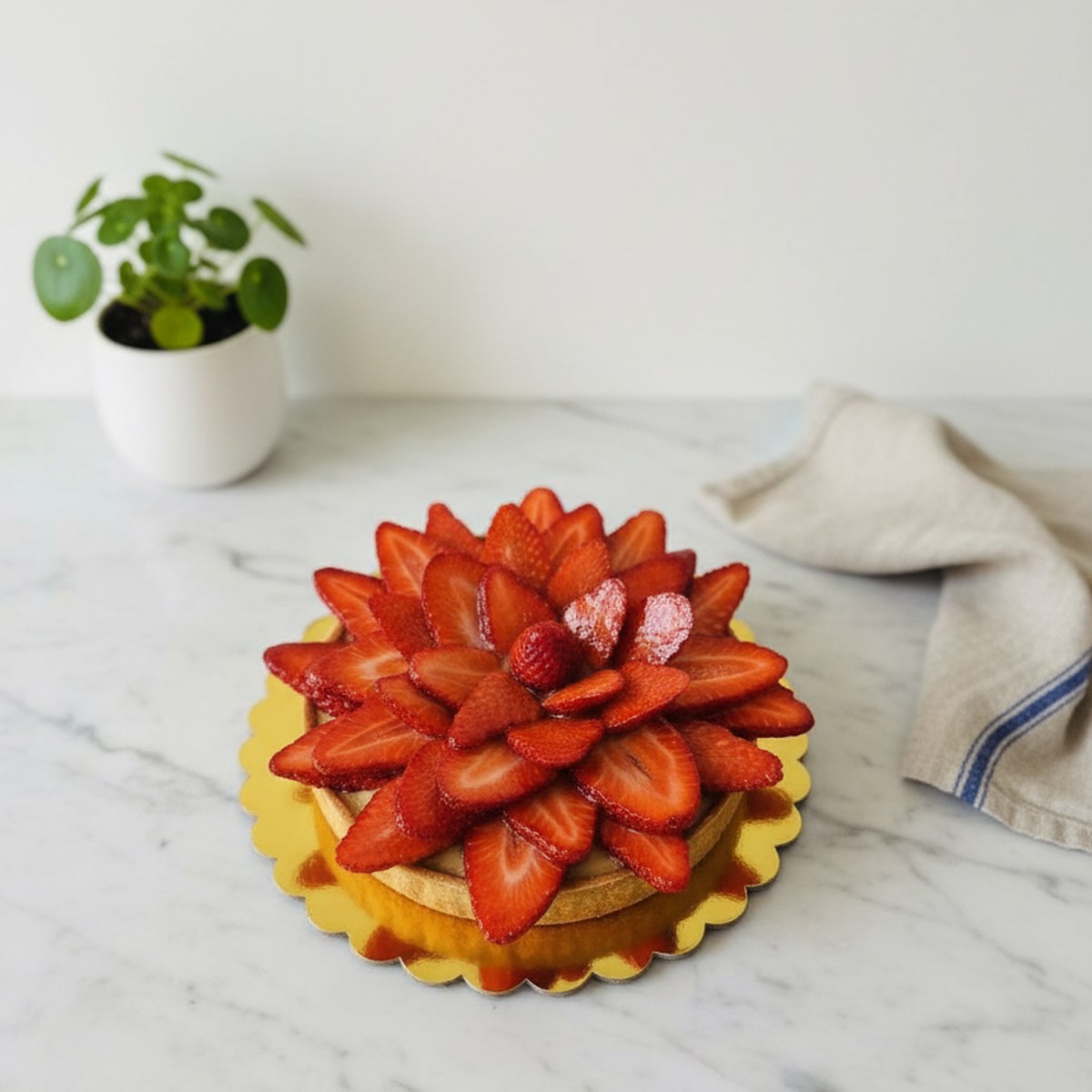 Tarte aux fraises garnie de fraises fraîches disposées en éventail