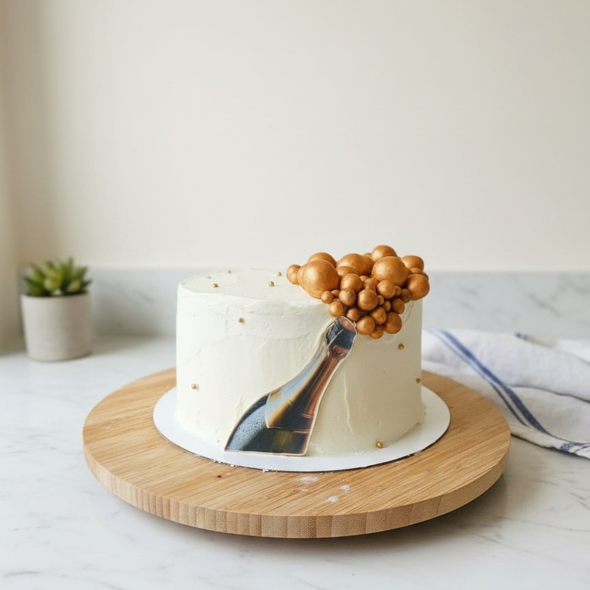 Gâteau blanc de célébration avec bouteille de champagne décorative, bulles dorées et perles dorées