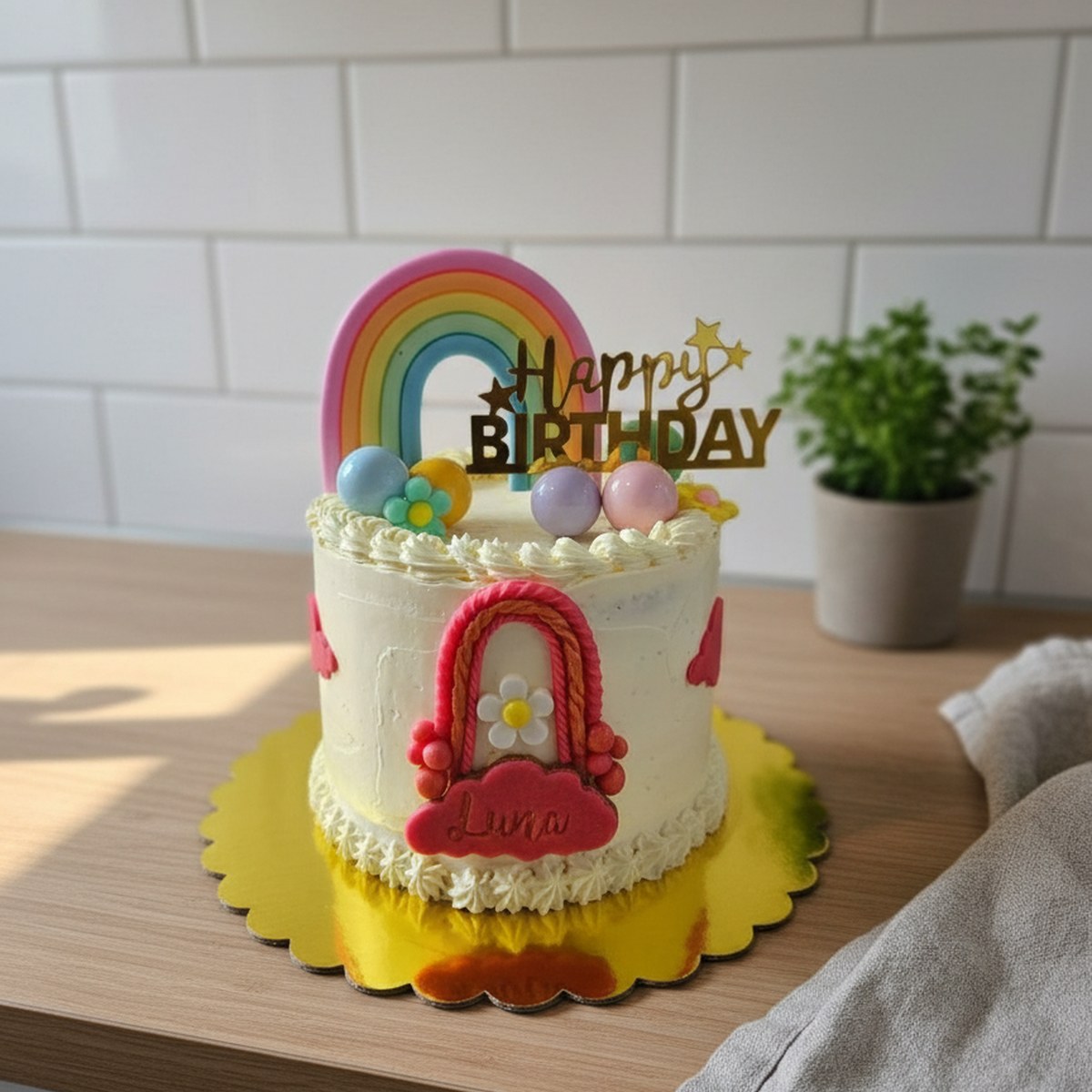 Layer cake framboise et chocolat blanc décoré sur le thème arc-en-ciel, pour l'anniversaire de Luna
