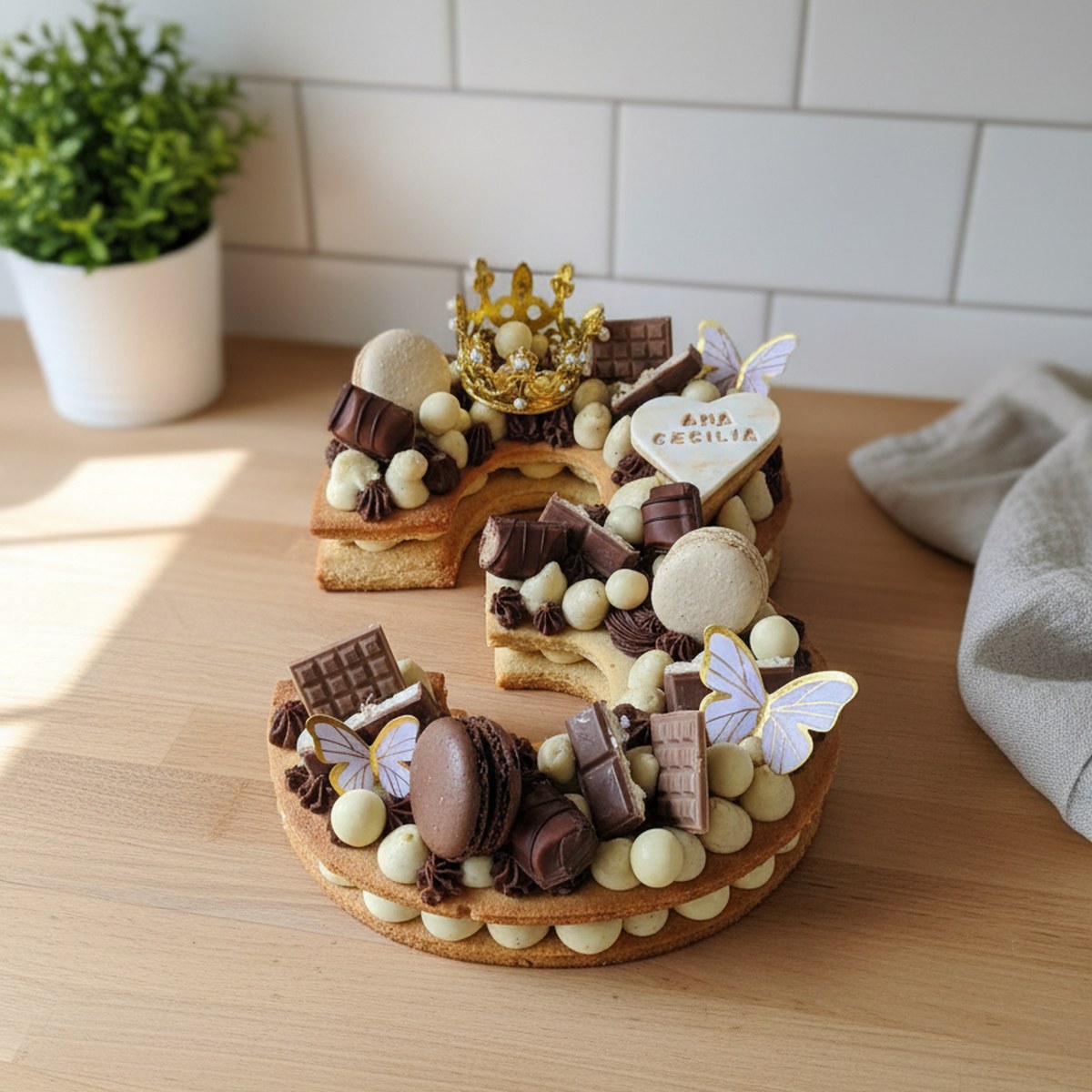 Number cake en forme de chiffre 3, décoré de macarons, chocolats et couronne dorée